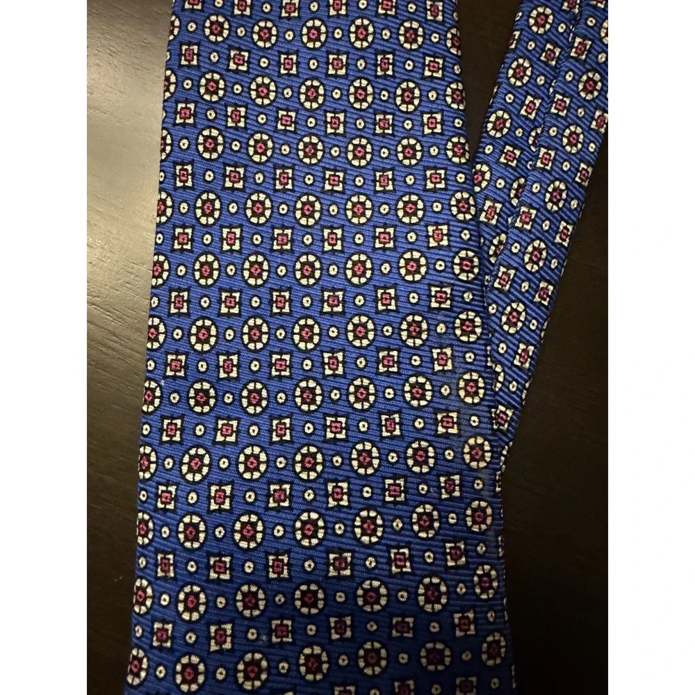 Vintage Polo Ralph Lauren Blue Geometric Medallion Silk Tie Made by Hand USA 90s